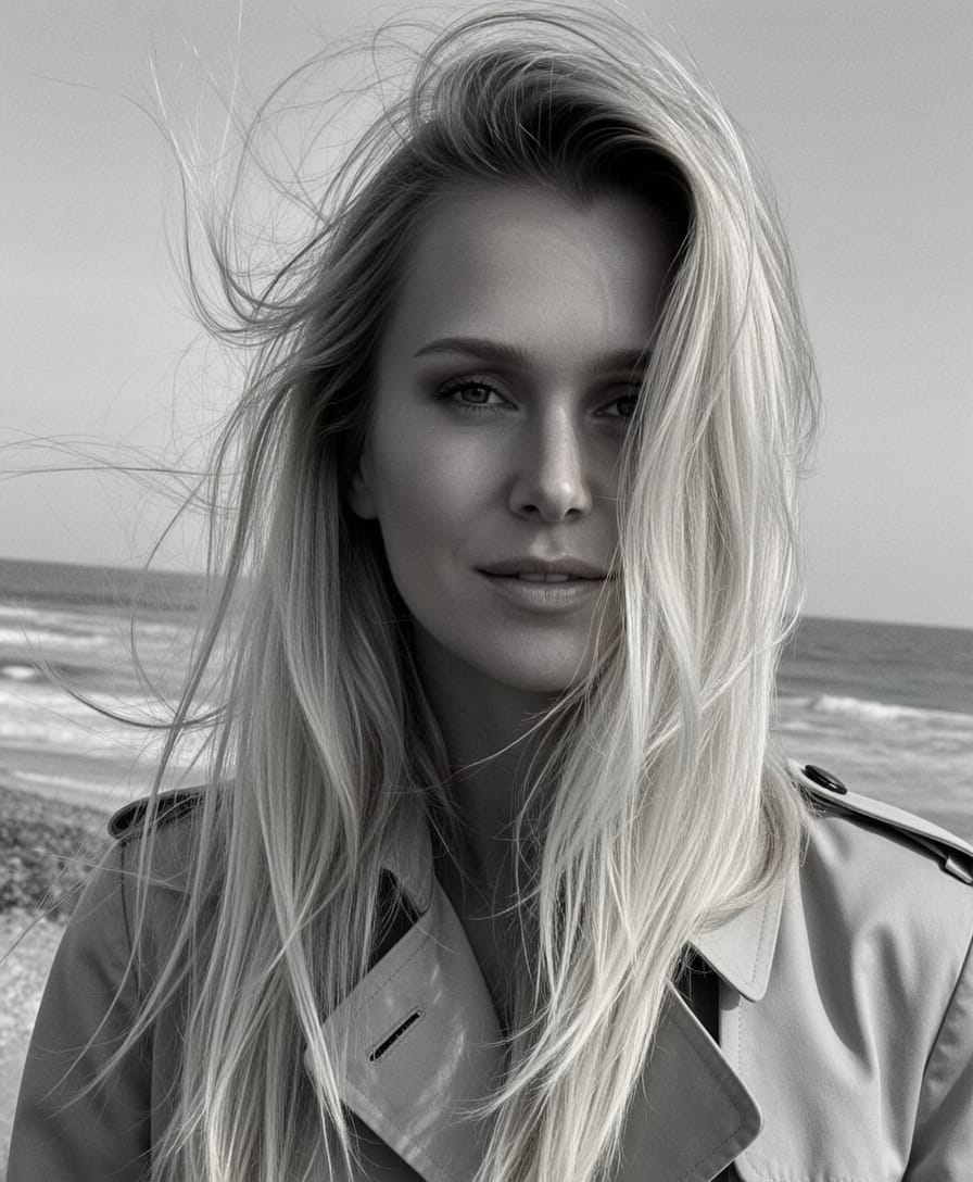 Nancy Paton black and white portrait by the sea